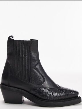 Topshop Black Croc-Print Western Ankle Boots
